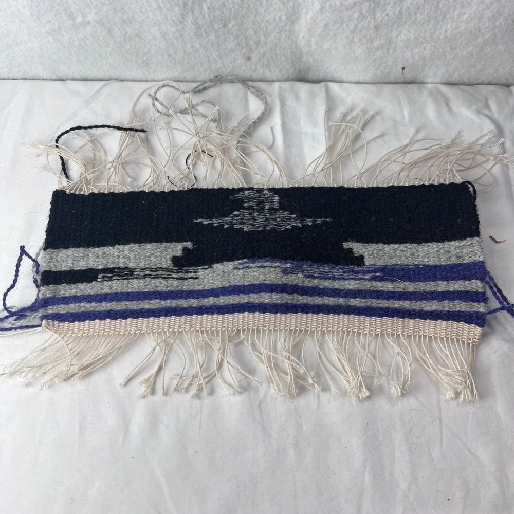 Handwoven Wool Southwestern Textile Mini Tapestry Black Purple Grey Fringe 10.5
